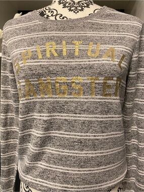 Spiritual Gangster Grey & White Striped Sweater with Gold Logo